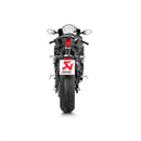 The Akrapovic Slip On Muffler YZF-R6 by AKRAPOVIC boasts a sleek, silver metallic design ideal for racing. It features the Akrapovic logo, a titanium finish, and a high-mounted bracket for added polish.