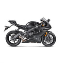 The Akrapovic Slip On Muffler YZF-R6 by AKRAPOVIC boasts a sleek, silver metallic design ideal for racing. It features the Akrapovic logo, a titanium finish, and a high-mounted bracket for added polish.