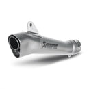 The Akrapovic Slip On Muffler YZF-R6 by AKRAPOVIC boasts a sleek, silver metallic design ideal for racing. It features the Akrapovic logo, a titanium finish, and a high-mounted bracket for added polish.