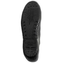 The image shows the sole of a black Alpinestars Tech-3 shoe, size 6, from Crown Kiwi Enterprises Limited, featuring a tread pattern with various textures, geometric shapes, and a small embossed rocket design in the center.