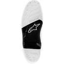 The image displays the Alpinestars Tech-7 Sole White/Black by Crown Kiwi Enterprises Limited, featuring a unique white/black pattern with textured grip surfaces and a central logo, offering style and functionality tailored for motorcycle enthusiasts.