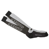 The Alpinestars Thermal Tech Socks in gray and black from Crown Kiwi Enterprises Limited are laid flat against a white background. Designed for riding comfort, these socks not only offer style but also feature antibacterial and moisture-wicking properties to ensure all-day freshness.