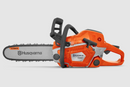 A Husqvarna Toy 550XP Chainsaw from Husqvarna Toys, featuring an orange and gray body. The chainsaw includes a black handlebar and a branded blade with "Husqvarna" and "X-Force" written on it. This powerful tool, famous for its realistic chainsaw sound, is designed for kids to mimic wood cutting and other heavy-duty tasks safely.