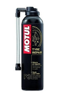 A black aerosol canister of Motul Tyre Repair 0.300, featuring a thin clear tube attached to its top, bears a label from the brand Motul that indicates it repairs, reinflates, and seals tyres without the need for disassembly or tools—making it ideal for road or farm adventures. The text is written in both English and French.