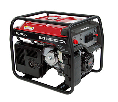 A portable Honda Power Equipment Honda EG5500CX Generator, Pull Start, with a red top and black metal frame. It features a spacious fuel tank, various control switches and outlets on the side panel, a pull-start mechanism, anti-vibration engine mounts for reduced noise, and appears to be designed for heavy-duty use.