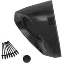 The Akrapovic Carbon End Cap by AKRAPOVIC features a smooth, angled carbon fiber design with a circular mounting area. It's compatible with various exhaust models and includes six black rivets and a round cap for easy installation, all set against a white background.
