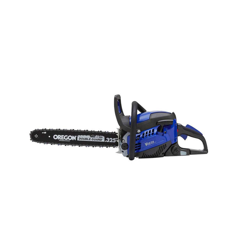 The Victa Swift-Start 45cc Chainsaw is a blue and black model equipped with an Oregon Double Guard 325 bar and chain. It features a top handle, side handle, safety guard, pull cord, and an anti-vibration system. Designed for cutting wood with its gas-powered 2-stroke engine, it ensures easy ignition with Victa's Swift-Start technology.