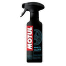 Image of a black spray bottle of "Motul Wheel Clean 0.400." The bottle has a trigger spray nozzle and features red, white, and blue labeling. This concentrated formula by Motul is designed for cleaning and shining vehicle wheels while effectively removing brake dust residue.