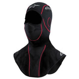 Alpinestars Winter Balaclava with red stitching and multiple panels, ideal for cold weather riding. The headgear fully covers the head and neck, leaving only the eyes and nose area exposed. Logos are visible on the forehead and side, indicating ALPINESTARS branding. Made from moisture-wicking fabric and mesh for optimal comfort.