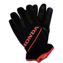 A pair of black gloves with red accents and the word "HONDA" in red printed on the back of the hand. Featuring a synthetic leather palm for superior grip, these Honda Utility Gloves by Honda Power Equipment are made with four-way stretch spandex for flexibility and are conveniently machine washable.