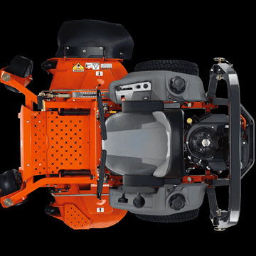 A prominently displayed Husqvarna Z248F Zero Turn lawn mower in bright orange, black, and gray catches the eye. It boasts a comfortable seat with armrests, dual steering levers for precision control, and large rear wheels that ensure easy maneuverability. The wide mower deck is ideal for extensive lawn care, and it comes with a 5-year warranty.